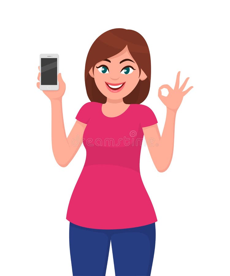Cute young woman showing smartphone and OKAY/ OK sign. Technology and communication gadget concept illustration in vector cartoon. royalty free illustration Cute young woman showing smartphone and OKAY/ OK sign. Technology and communication gadget concept illustration in vector cartoon. royalty free illustration