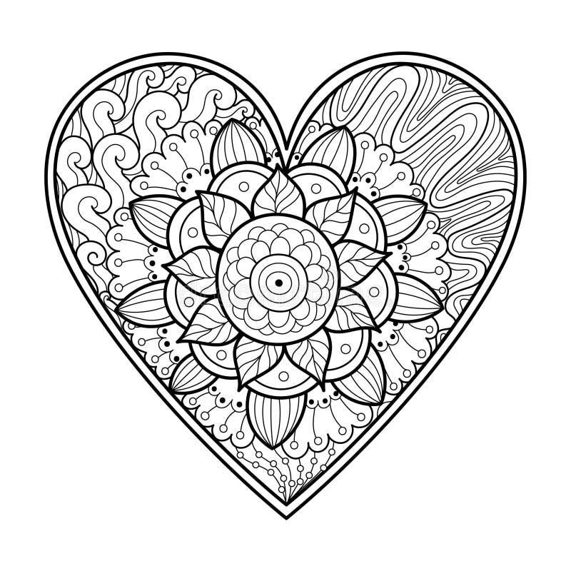 Cute Zentangle Floral Heart Coloring Page. Black and White Love Pattern ...