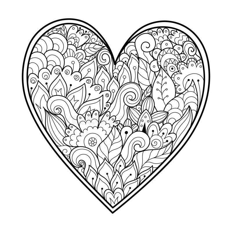 Cute Zentangle Floral Heart Coloring Page. Black and White Love Pattern ...