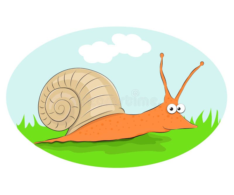 Vector Cartoon Illustration of a Cute Cartoon Snail Moving on the Grass