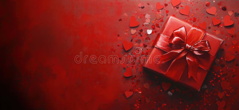 Cutie cu cadouri roșii cu panglică strălucitoare înconjurată de confetti în formă de inimă pe fond roșu aprins perfect pentru Vale royalty free stock photography