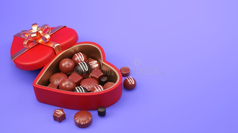 Cutie cu formă de inimă deschisă, cu vedere din partea de sus, plină cu ciocolată pe fond albastru deschis și spațiu de copiere 3d royalty free illustration