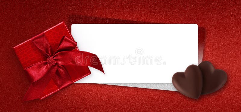 Cutie roșie pentru card cadou de o zi Valentin cu panglică roșie și panglică albă pentru spațiu copiat și ciocolată în formă de in royalty free stock images