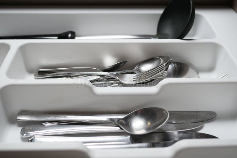 Cutlery Fork, Knife and Spoon in a Drawer Stock Photo Image of