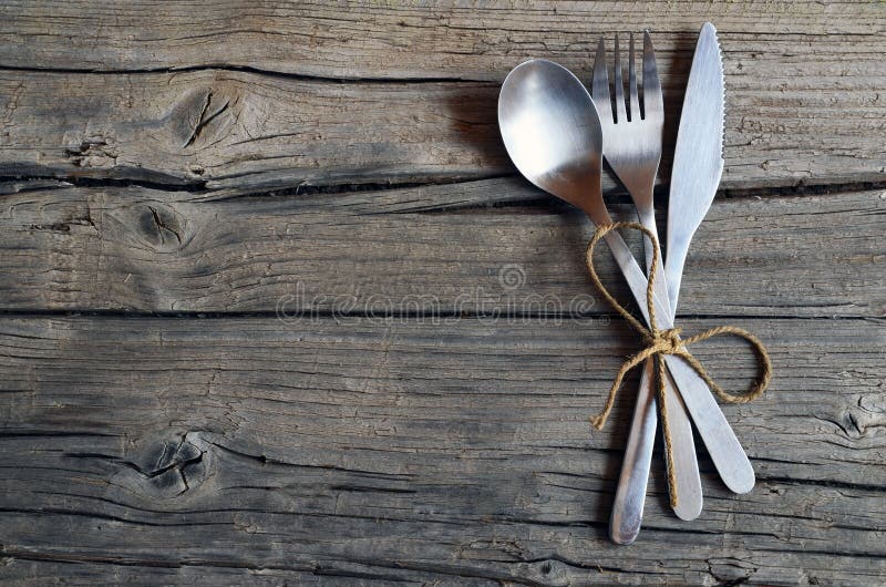 Cutlery Set:fork,spoon And Knife On Rustic Wooden Table ...