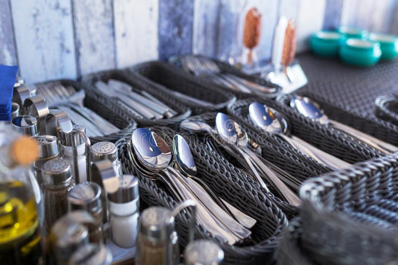 Cutlery set on the table stock photo. Image of shiny 118272054