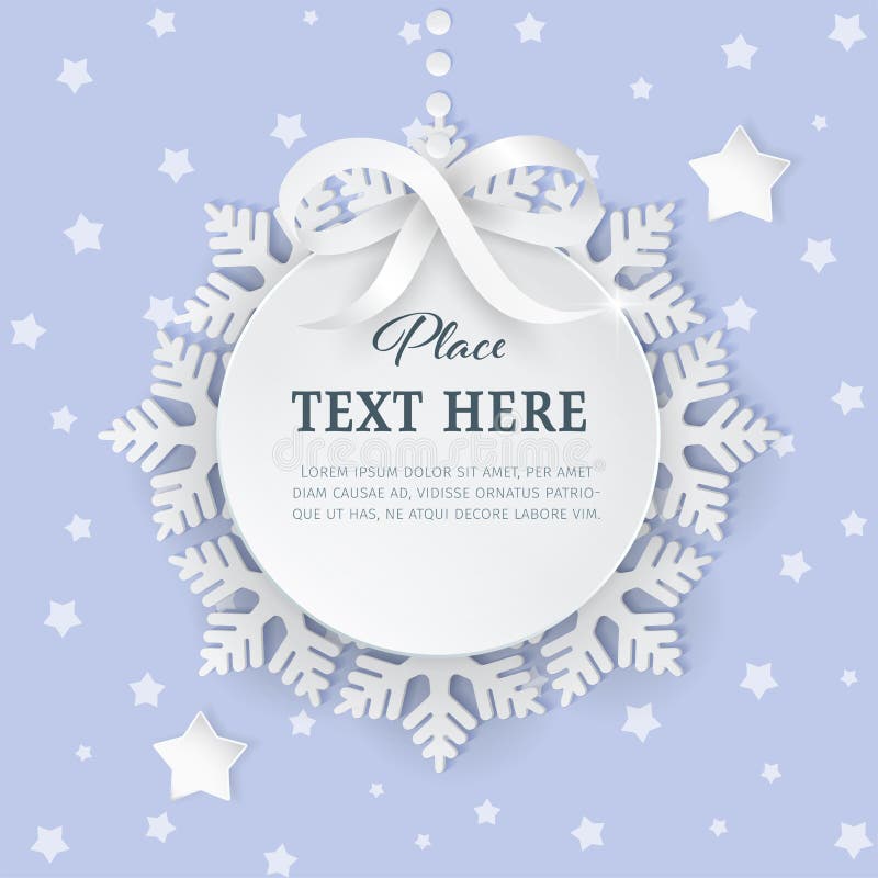 Cutout 3D paper circle frame label with silver satin bow and snowflakes on the light purple background.