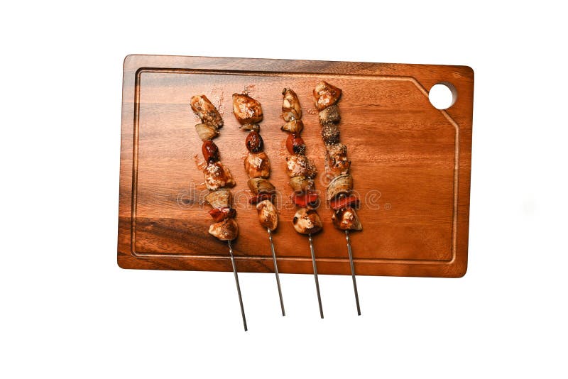 Cutting Board with Grilled Chicken Meat Isolated on White Background