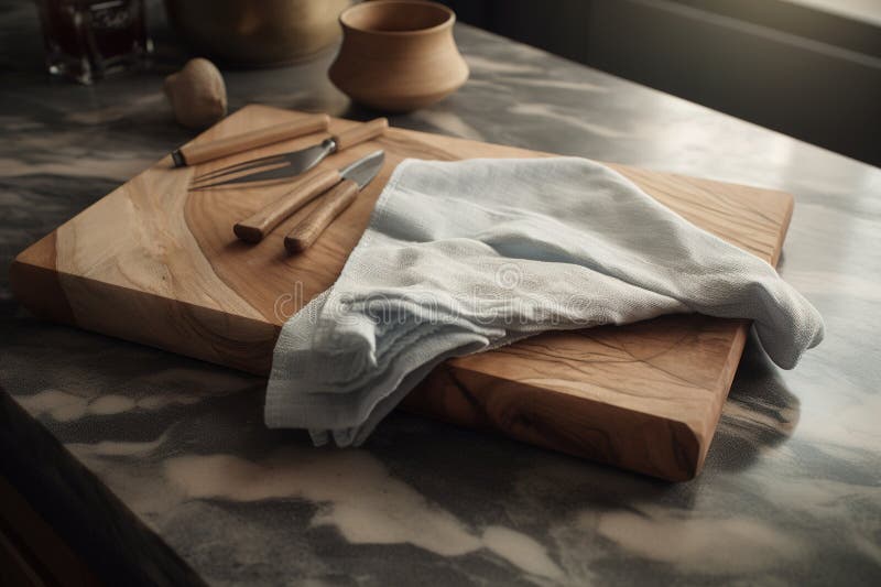 Cutting Board with Kitchen Utensils on White Marble Countertop. Stock