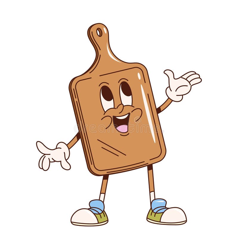 Cutting board retro groovy kitchenware character vector illustration