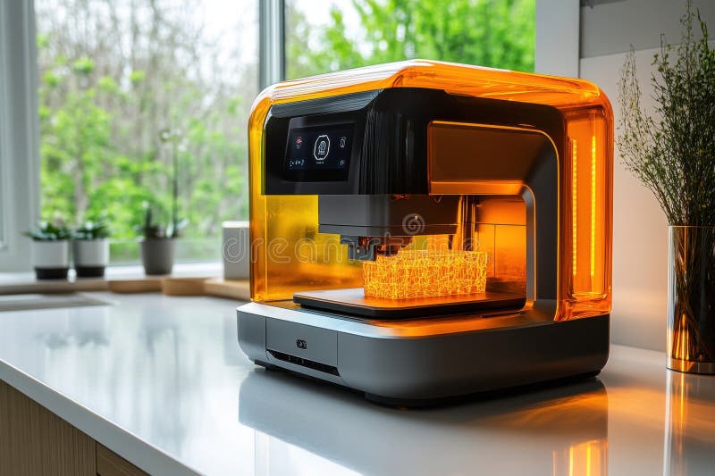 Innovative futuristic 3D printer creating intricate designs in a modern workspace stock photo
