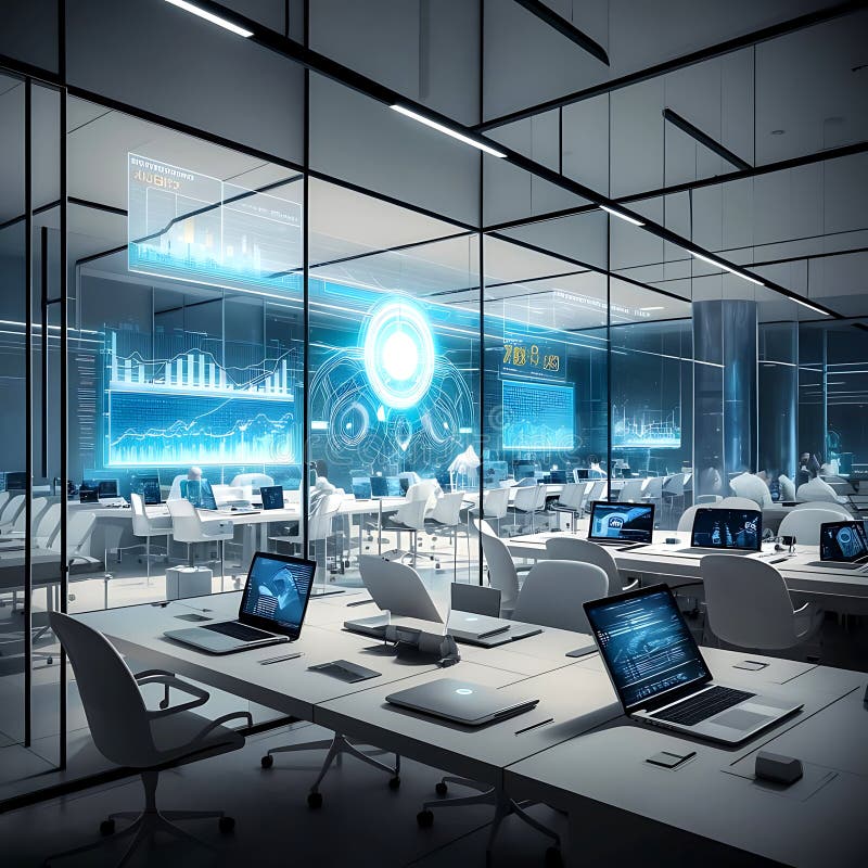 Cutting-Edge Digital Office with Immersive Data Projections. stock illustration