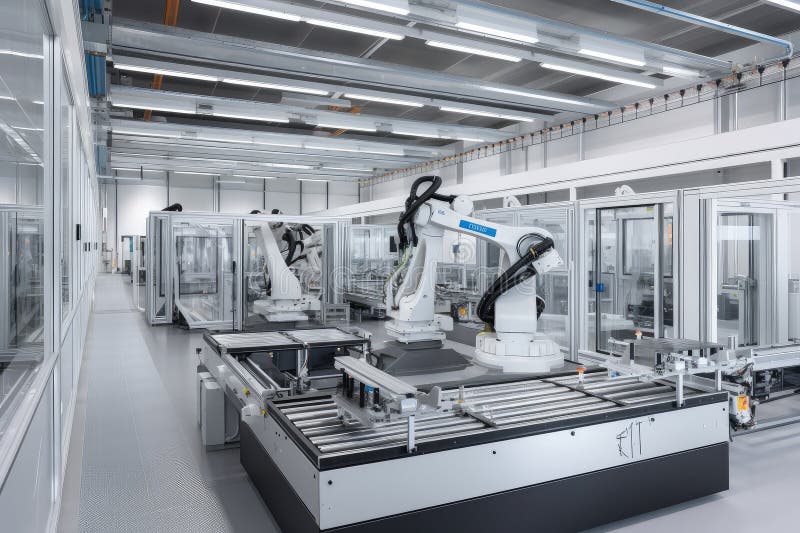 Cutting-edge factory, with robots and other advanced technologies seamlessly integrated into the production process vector illustration