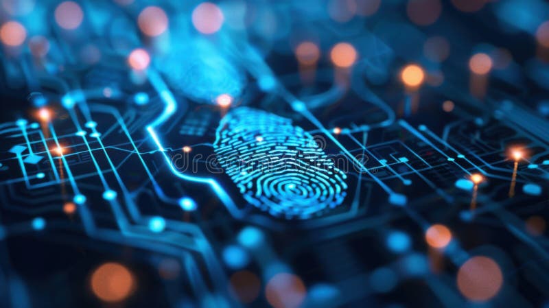 Cutting-Edge Fingerprint Verification. Ensuring Top-Notch Cyber Security. An image showing a close-up view of a fingerprint identification process for digital cyber security, emphasizing biometrics security and data protection measures, detailed background