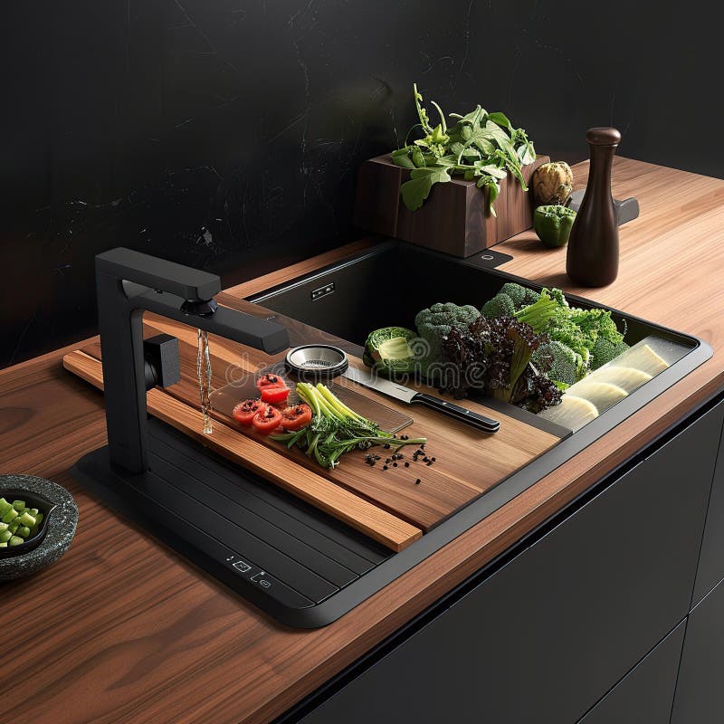 A Cutting Edge Kitchen Sink Featuring a Smart Faucet, Integrated Cutting Board stock illustration