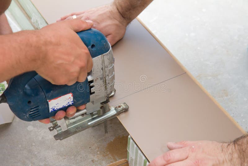 Cutting Laminate with Electric Saw Stock Image Image of male, hand