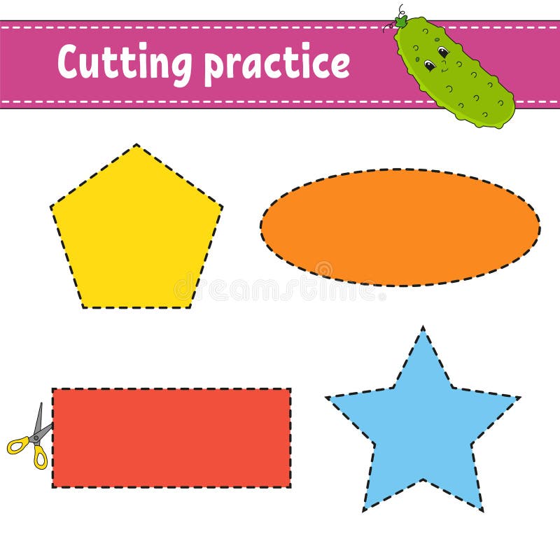 Cutting practice for kids. Education developing worksheet. Activity page with pictures. Game for children. Isolated vector illustration. Funny character. Cartoon style