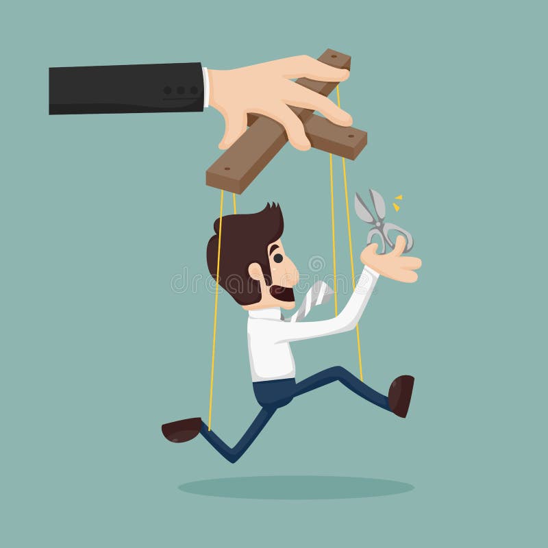 Cutting the strings of a business man puppet, giving it freedom royalty free illustration Cutting the strings of a business man puppet, giving it freedom royalty free illustration