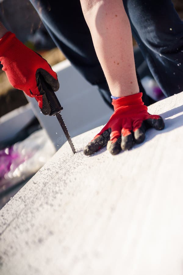 Cutting Styrofoam on the Construction Site Stock Photo Image of panel