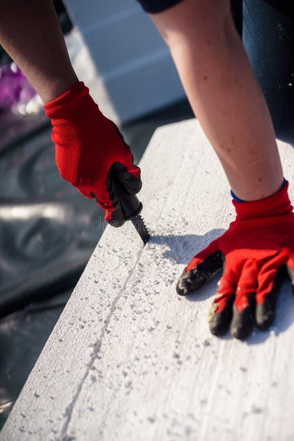 Cutting Styrofoam on the Construction Site Stock Photo Image of panel