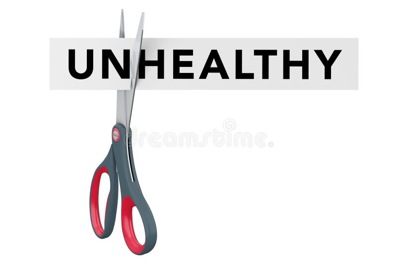 Cutting Unheathy to Healthy Paper Sign with Scissors. 3d Rendering