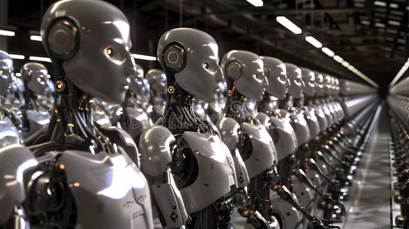 Robotic Assembly Line AI Robotics Advanced Technology for Future Manufacturing Automation Innovation. The cuttingedge assembly line is operated by advanced humanoid robots completing various tasks, showcasing AI, robotics, technology, and innovation in manufacturing industry revolution AI generated