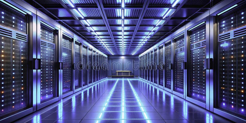 A CuttingEdge Data Center Hallway Sleek Server Racks Illuminated by Modern Blue Lighting Showcase Advanced Digital stock illustration