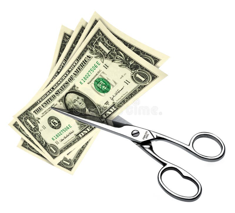 Scissors that cut dollars banknotes on a white background. Scissors that cut dollars banknotes on a white background