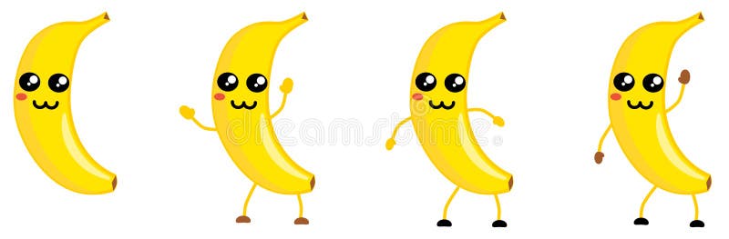 Cutáneo estilo kawaii Icono de fruta banana, ojos grandes, nariz tipo animal Versión con las manos levantadas, abajo y ondeando libre illustration Cutáneo estilo kawaii Icono de fruta banana, ojos grandes, nariz tipo animal Versión con las manos levantadas, abajo y ondeando libre illustration