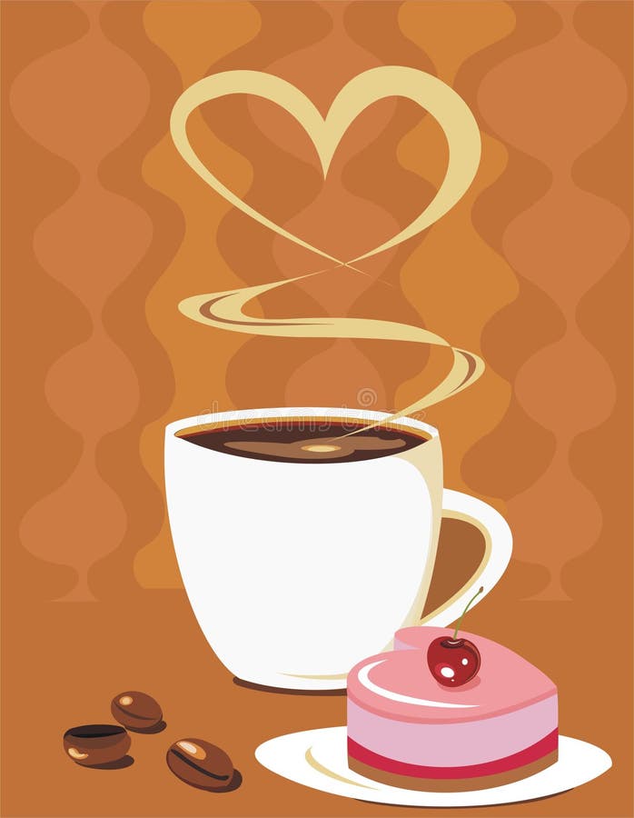 Coffee cup with heart shape cake, vector illustration. Coffee cup with heart shape cake, vector illustration