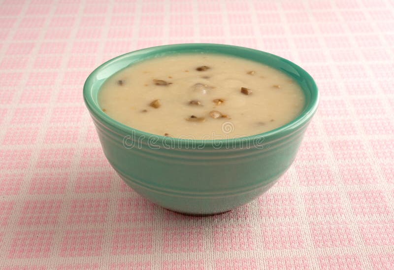 Cuvette de crème de soupe à champignons sur la nappe images libres de droits Cuvette de crème de soupe à champignons sur la nappe images libres de droits