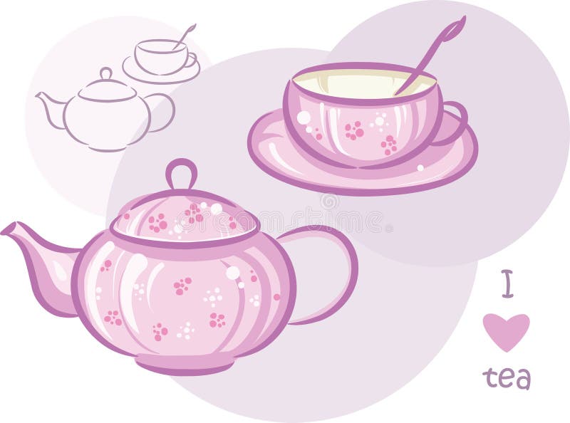 Pink cup and teapot on violet background. Pink cup and teapot on violet background