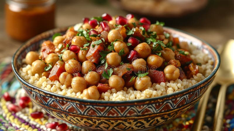 Cușcuș și salată de pui într-un bol decorativ. royalty free stock photo