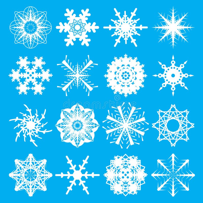 Collection of snowflake in white on a blue background with sixteen variations. Collection of snowflake in white on a blue background with sixteen variations