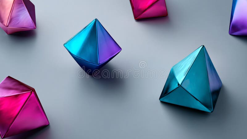 Cyber-aesthetic design with angular metallic 3D shapes on a neon gradient abstract background, Generated AI stock illustration