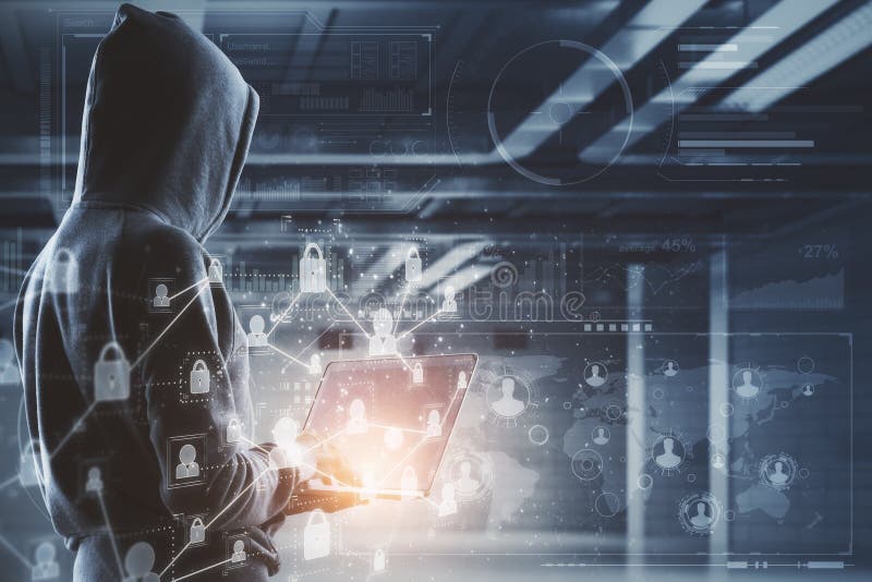 Cyber attack with hacker and technology illustration royalty free stock photography