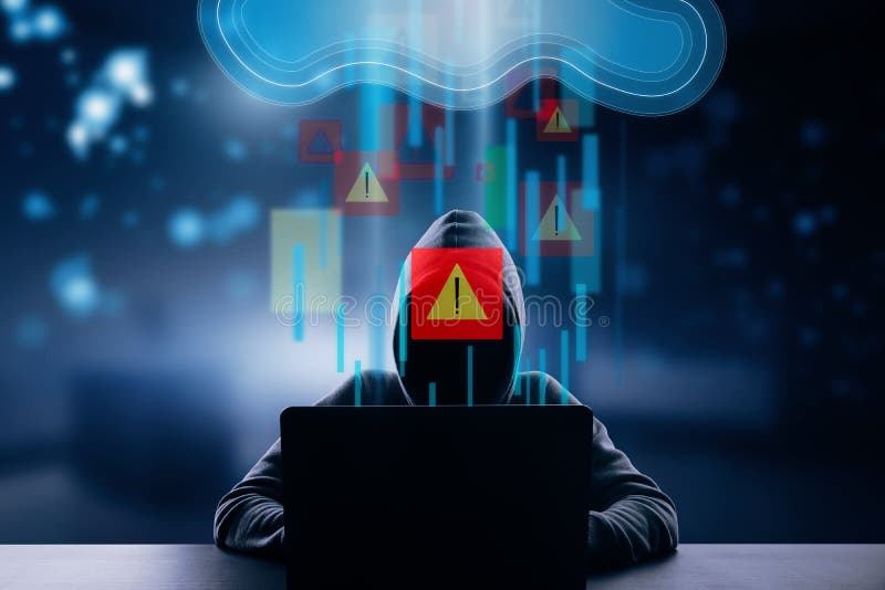Cyber attack and hacking concept with faceless hacker silhouette in front of laptop and digital data cloud stock photography