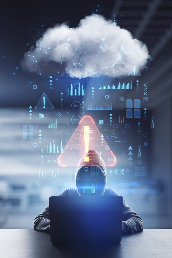 Cyber attack and hacking concept with front view on faceless hacker in hoody typing on laptop and abstract digital data cloud stock photos