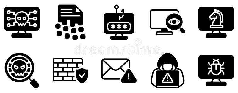 Cyber Crimes Icon Set Solid Style Collection representing digital threats and online security breaches suitable for cybersecurity stock illustration