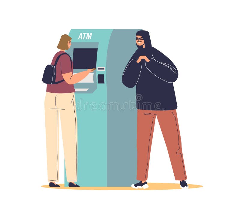 Cyber criminal stealing personal data, credit card password at atm. Hacker hacking banking system vector illustration