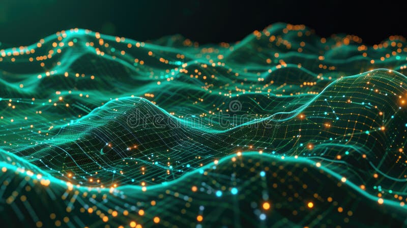 Cyber data in digital space, green network surface abstract background. Dots, lights and lines of secure technology in dark neon royalty free illustration
