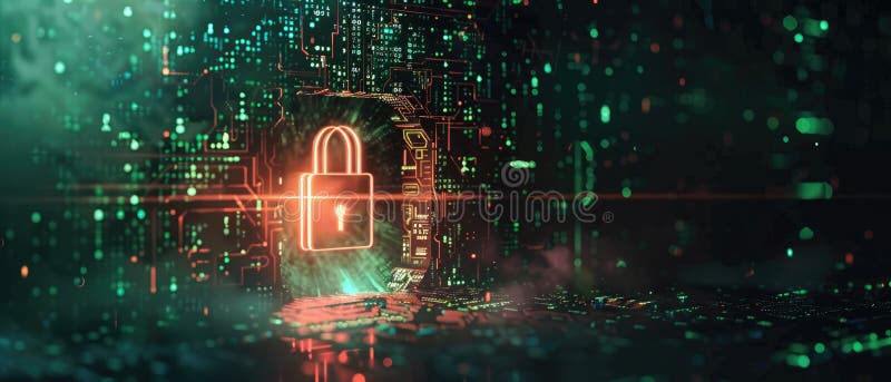 Cyber data lock na abstrakcyjnej ciemnej ścianie tło cyfrowa ochrona informacji komputerowej. koncepcja kłódki technologicznej royalty ilustracja
