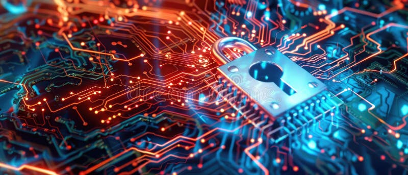 Cyber data lock na abstrakcyjnej płycie obwodowej tło cyfrowa ochrona informacji komputerowej. koncepcja kłódki technologicznej royalty ilustracja