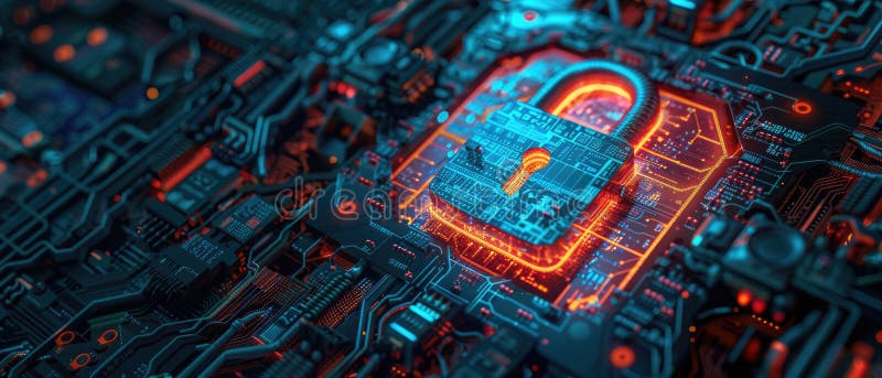 Cyber data lock na abstrakcyjnej płytce ciemnego obwodu tło cyfrowa ochrona informacji komputerowej. koncepcja technologii ilustracji