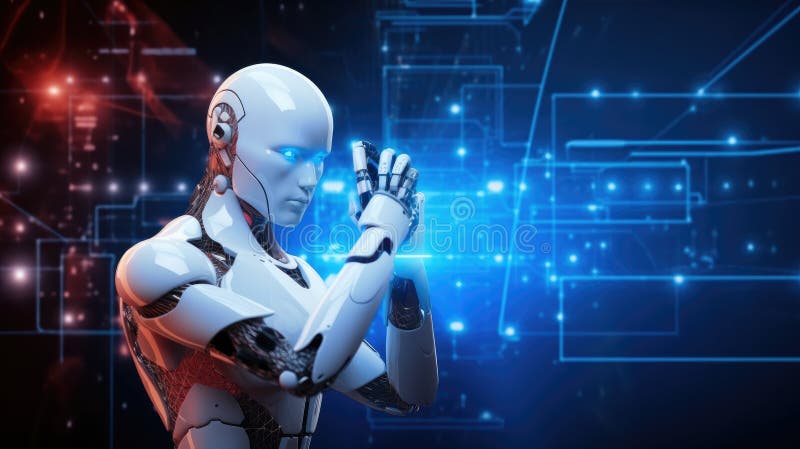 Cyber digital world android robot pointing finger, Technology artificial intelligence automated, Digital world technology royalty free illustration