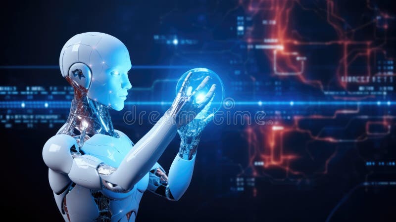 Cyber digital world android robot pointing finger, Technology artificial intelligence automated, Digital world technology stock illustration