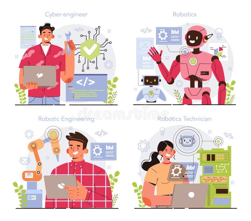Cyber engineering concept set. Robotics constructing developing vector illustration