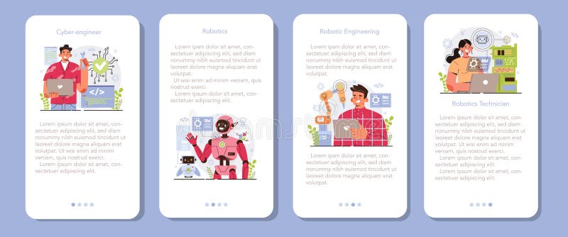 Cyber engineering mobile application banner set. Robotics&#x27; constructing vector illustration