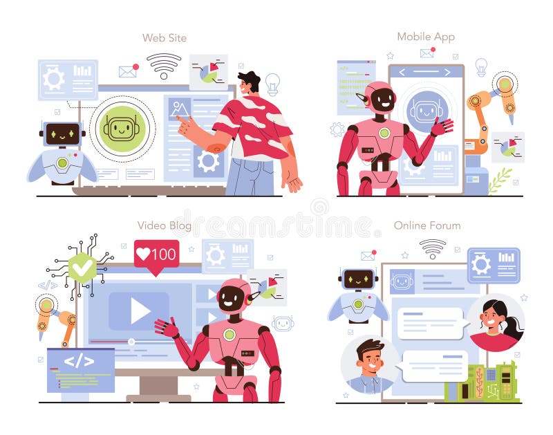 Cyber engineering online service or platform set. Robotics constructing developing and setting. Automation system innovation. Online forum, video blog, mobile app, website. Flat vector illustration