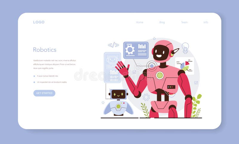 Cyber engineering web banner or landing page. Robotics&#x27; constructing vector illustration